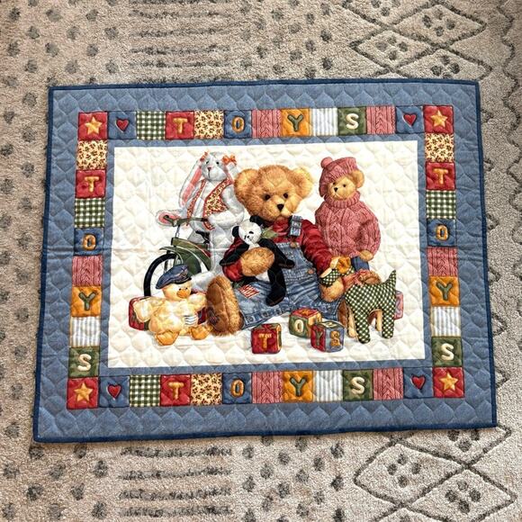 Vintage handmade blue jean teddy bear quilt - Picture 1 of 8